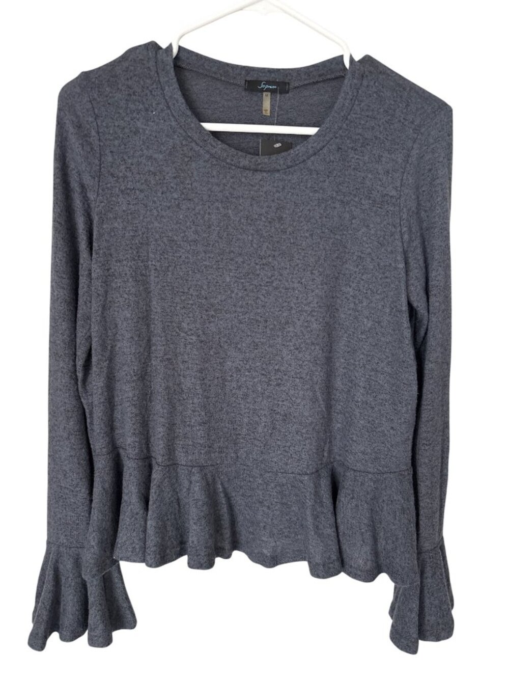 Soprano Sweater Top Size Medium Crewneck Long Sleeve Peplum Ruffle Hem Blue NEW